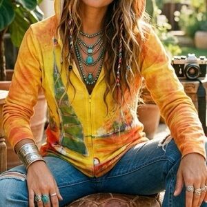 Leoma Lovegrove Art to Wear Sailboat Sunset Tie Dye Zip Up Hoodie Jacket Coastal